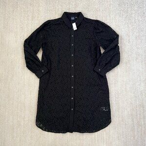 NWT Gap Black Long Sleeve Lace Button Up Midi Shirt Dress L